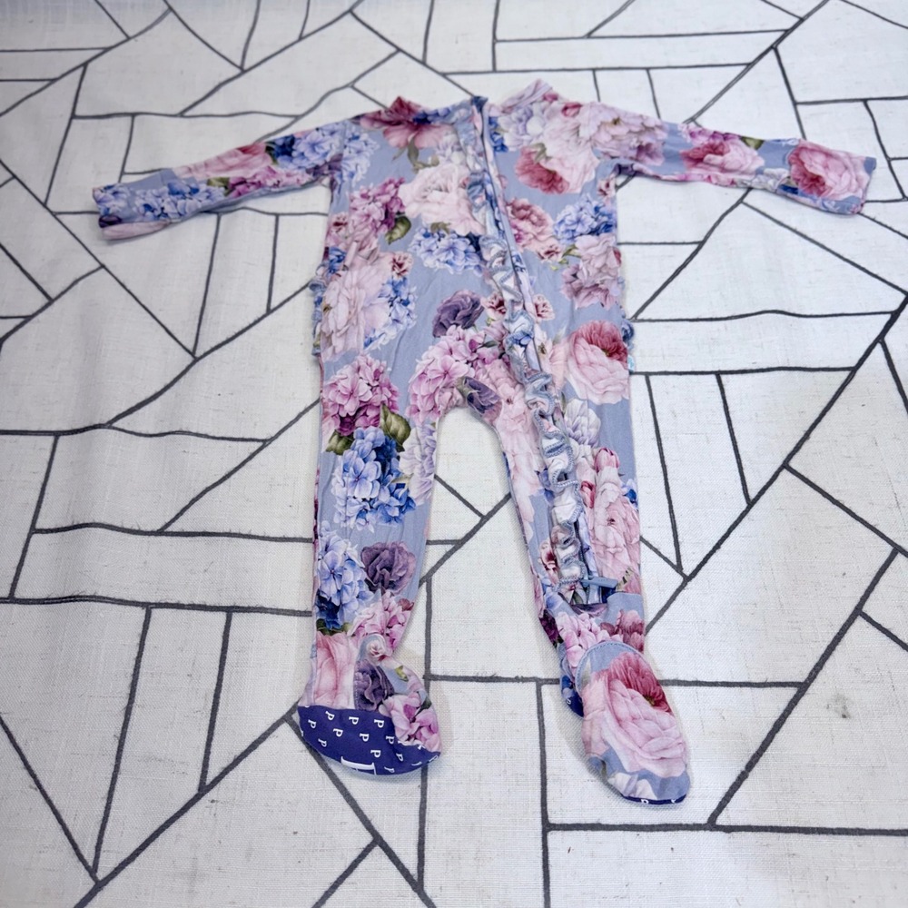 Posh Peanut Ruffled Footie NB Blue Floral Bamboo Viscose Zip Sleeper